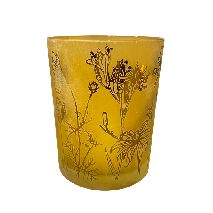 Windlicht Flowers - Geel - 10 _ 10 _ 12.5 cm - Glas - Cosy & Trendy